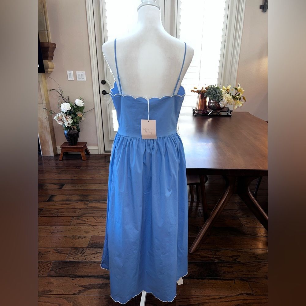 Charles Henry Blue Scallop Trim Poplin Midi Sundress Pockets Fit Flare L NWT - Picture 5 of 14